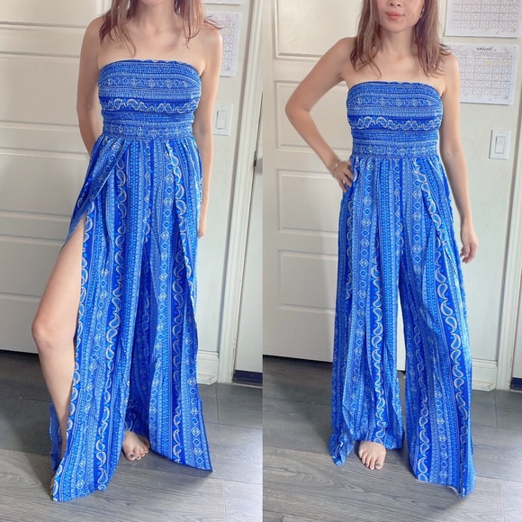 039 Boho Blue Paisley print Smocked Wide Leg Jumpsuit - Picture 1 of 5